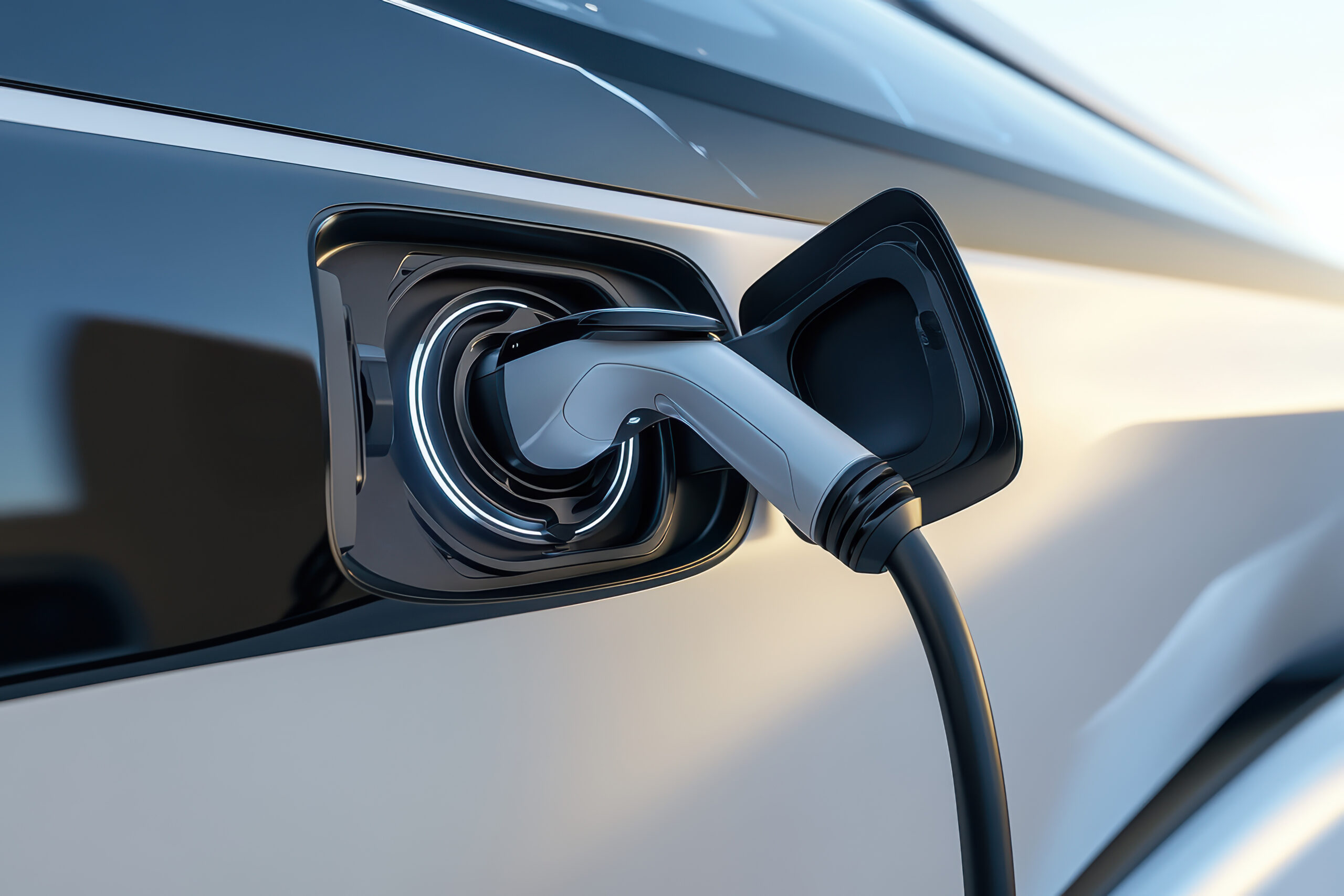 Close up of electric vehicle charging connector at sunset in urban setting Residential EV Charger Installation